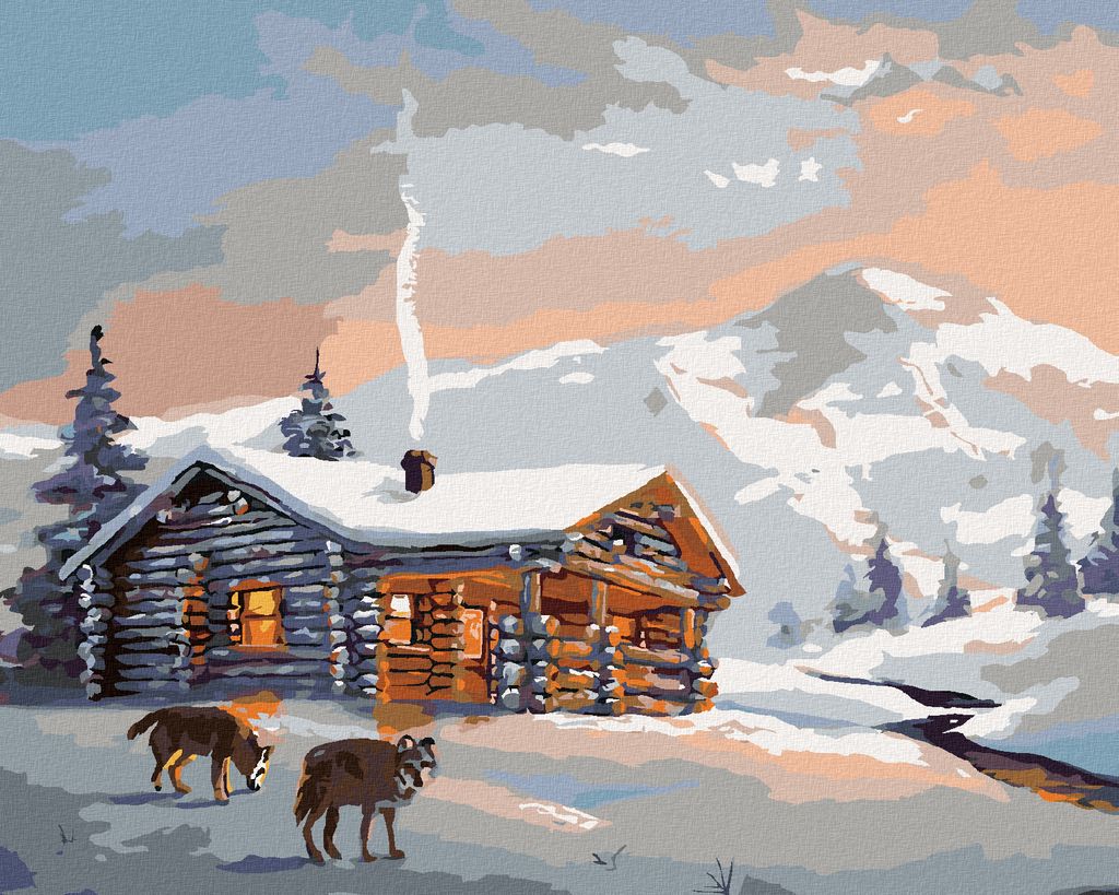 Zuty - Malen nach Zahlen - WÖLFE UND HÜTTE IM WINTER (D. RUSTY RUST), 40x50 cm, mit Keilrahmen (bereits gespannt)