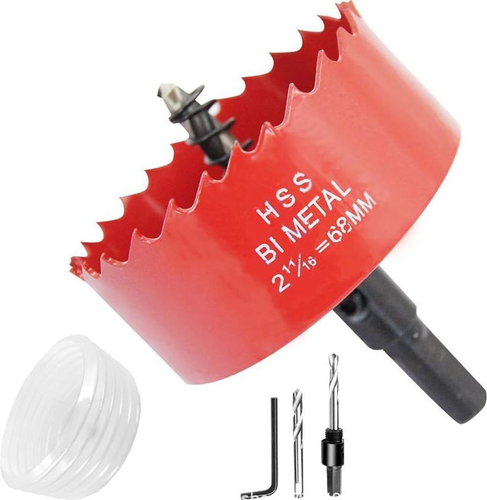 Bi-Metall Lochsäge, 68mm Durchmesser, Universal Bohrkrone Set mit Sechskant-Schaft für Holz und Kunststoff, Rot