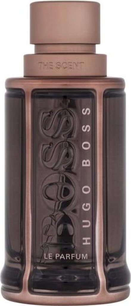 A studio shot of a Hugo Boss perfume bottle.