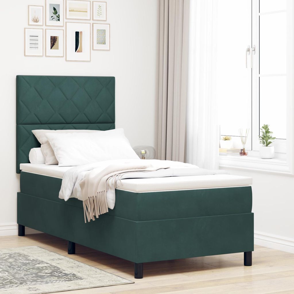 Möbel LED Polsterbett Boxspringbett mit Matratze Dunkelgrün 90x200 cm Samt - Bettrahmen - Klassische Betten Neu202557296