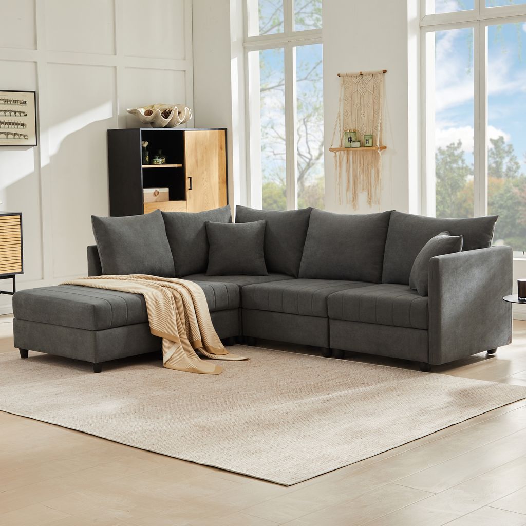 Merax Ecksofa 5-Sitzer, Schlafsofa mit umwandelbarem Hocker 1 Teile, Modulare Sofa L-förmiges/U-förmiges Couch Polstersofa Baumwoll-Leinen, Grau