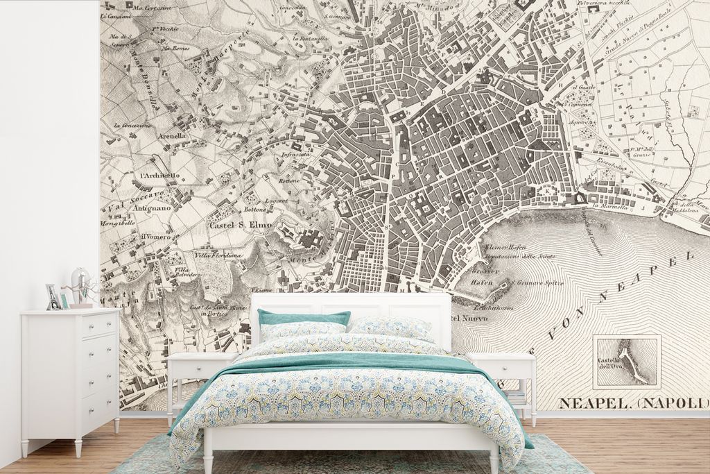 MuchoWow Fototapete für Wohnzimmer oder Schlafzimmer Wandtapete Vinyl Motivtapete Illustration einer antiken Karte von Neapel - 420x280 cm - Zim...