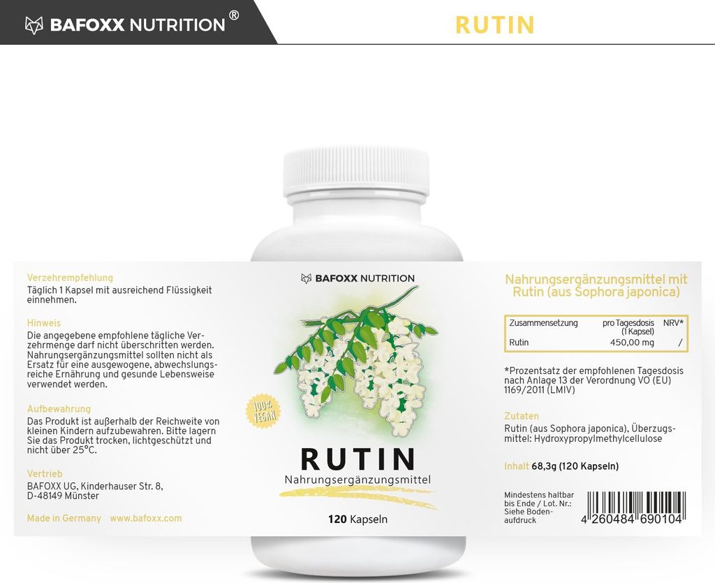 BAFOXX Nutrition® Rutin Kapseln hochdosiert - 120 Stück für Produktbild 