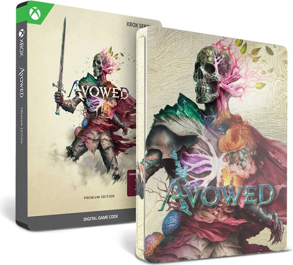 The image shows the front and side of the Avowed Premium Steelbook Edition game packaging.