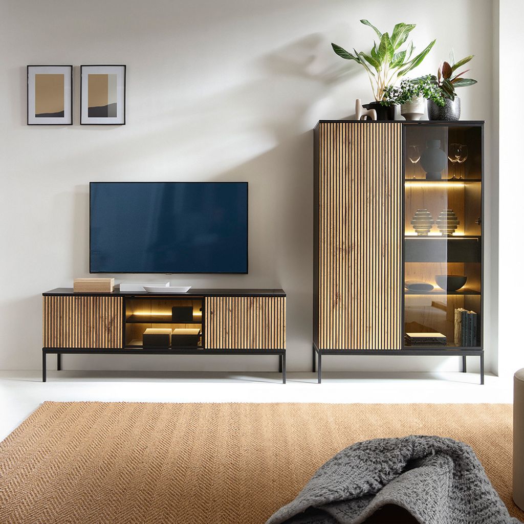 Wohnzimmer Set, 2-teilig, inkl. Beleuchtung, schwarz mit Wotan Eiche SIBARI-160