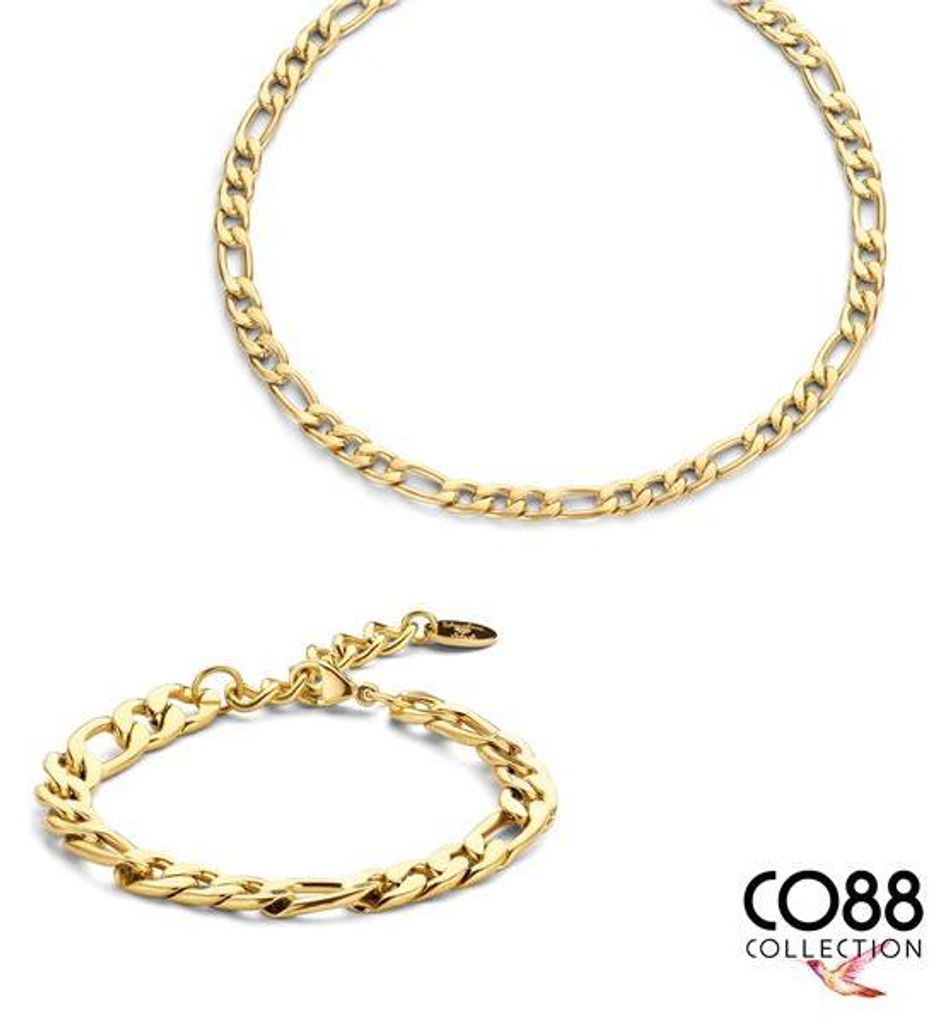 CO88 Collections 8CO-SET094 – Schmuckset aus Stahl – Kette mit Armband – Figaro – 7 mm breit – Kette 40+7 cm – Armband 19 cm – goldfa...