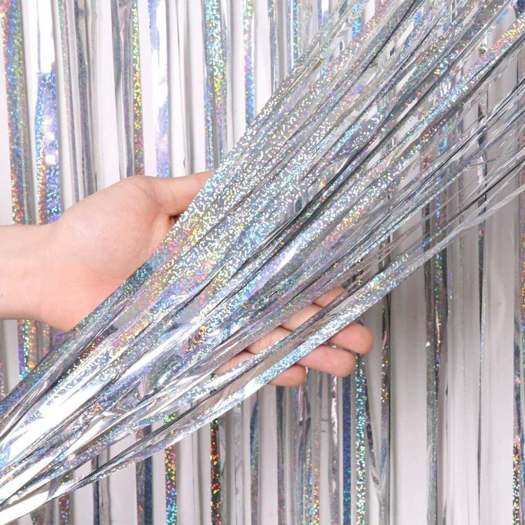 OEMG Lametta-Vorhang Silber, Glitzer Metallic Folie Fransen Hintergrund Funkelnde Vorhänge Dekoration für Hochzeit Verlobung Brautparty Geburtsta...