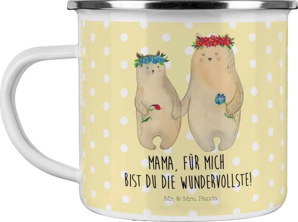 Mr. & Mrs. Panda Motivtasse Bären mit Blumenkranz - Gelb Pastell - Geschenk, Familie, Pott, Mom, Emaille Tasse, Kaffeepott, Muttertag, Teetasse, F...