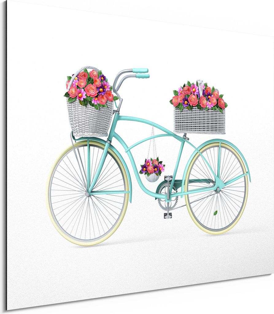 DEQORI Alu-Dibond Bild Weiß 80x60 cm 'Fahrrad voller Blüten' Wandbild Metall dünn Design
