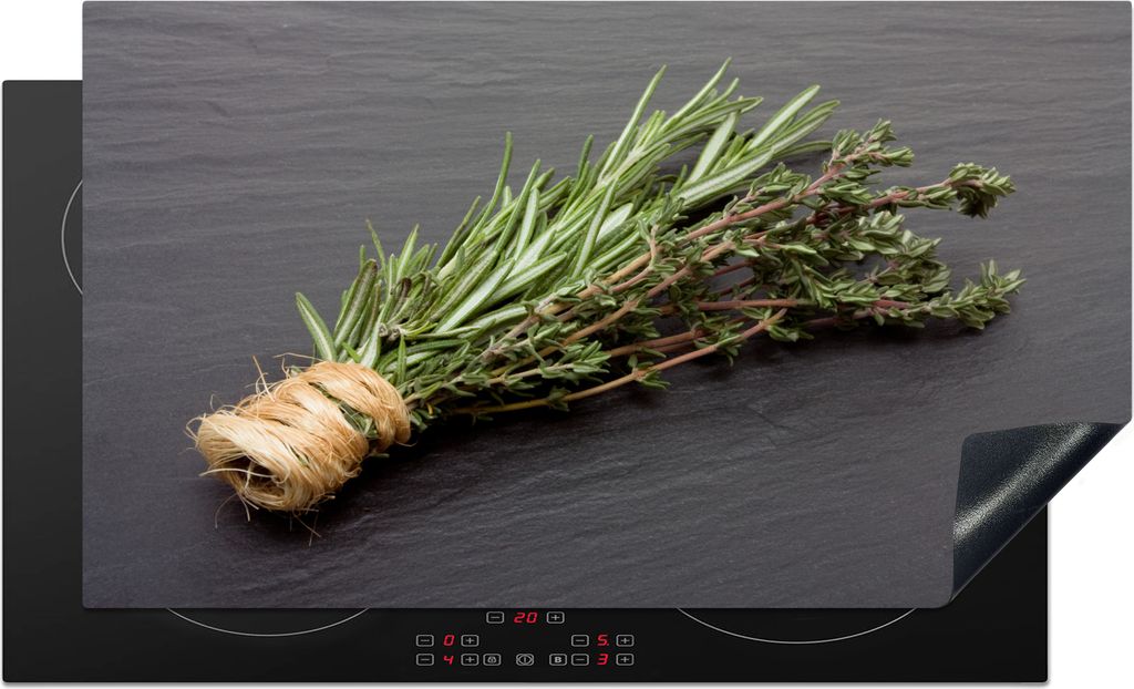 KitchenYeah Herdabdeckplatte Thymian - Kräuter - Grün - Tisch - Küche - Stein , 90x52cm, Küche Deko, Ceranfeld Herdabdeckung, Abdeckplatte f...