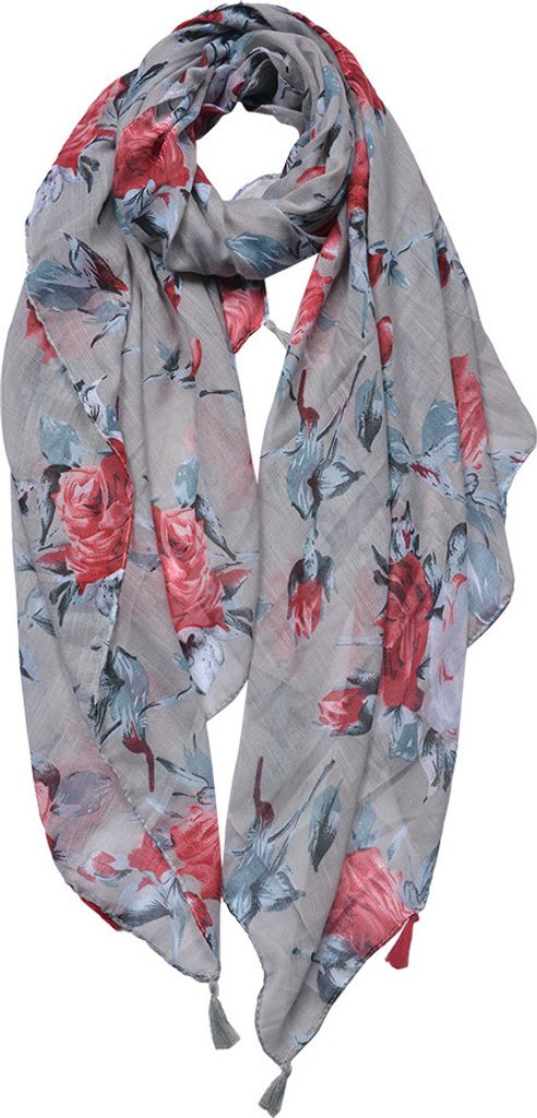 Clayre & Eef Gemusterter Damenschal 90x180 cm Rosa Grau Synthetisch Rosen