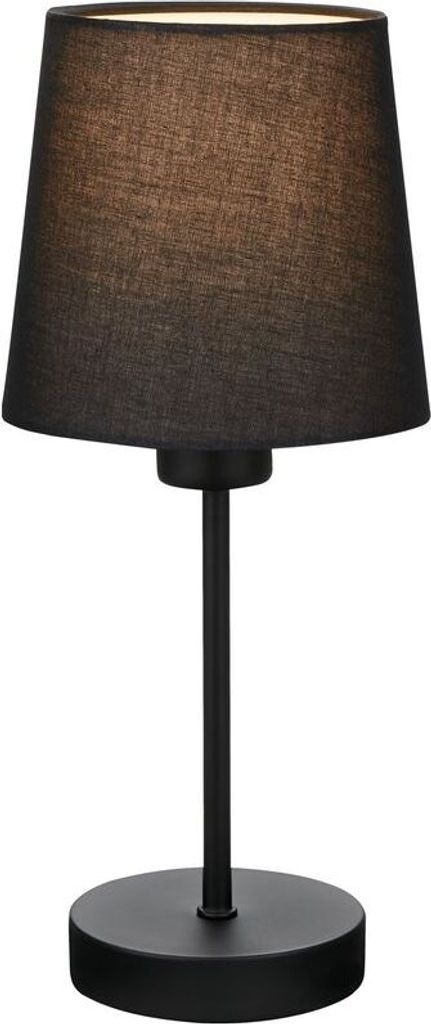 A black table lamp with a fabric shade is shown against a white background.