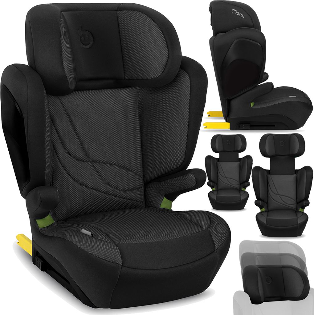 A black and gray child car seat is displayed with multiple views and close-ups.