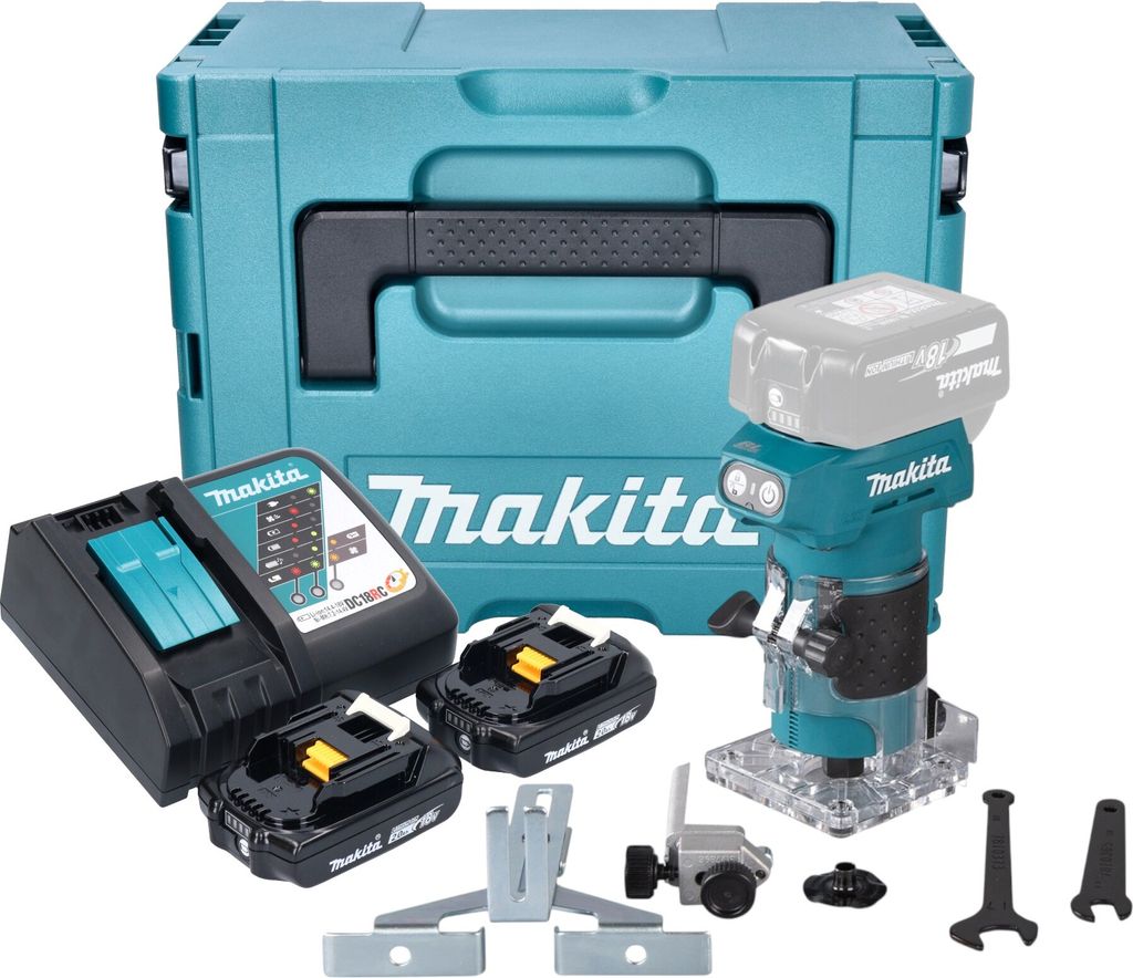 Makita DRT 52 RAJ Akku Kantenfräse 18 V 6 mm Brushless + 2x Akku 2,0 Ah + Ladegerät + Makpac