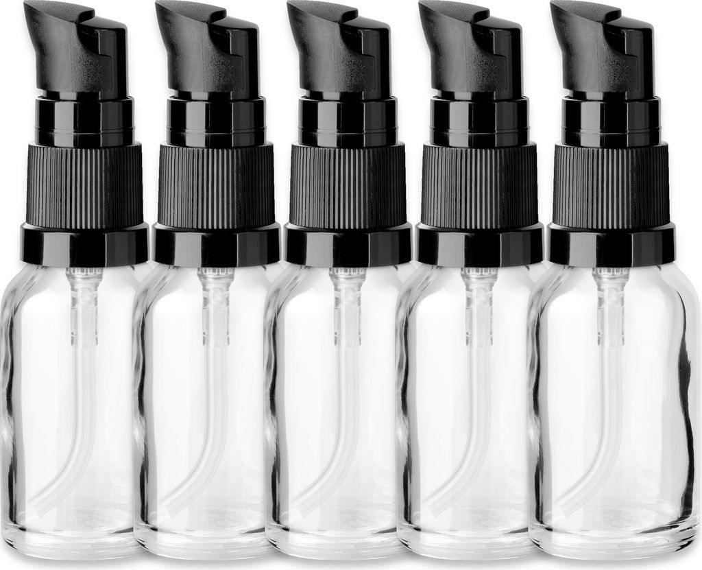 5x Klare Glasflasche 15 ml mit schwarzer Pumpe und Kappe Nachfüllbar