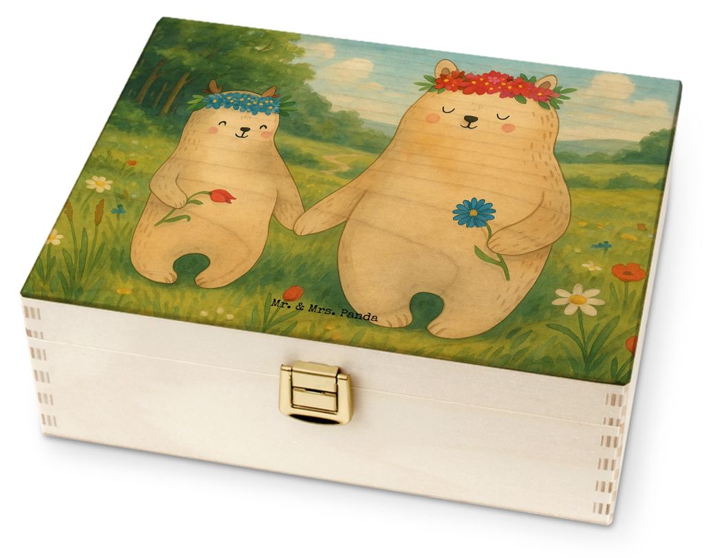 Mr. & Mrs. Panda Teebox Bären mit Blumenkranz Design - Weiß - Geschenk, Teebehälter, Mama, Bär, Teebeutel Aufbewahrung, holz, Beste Freundin, T...