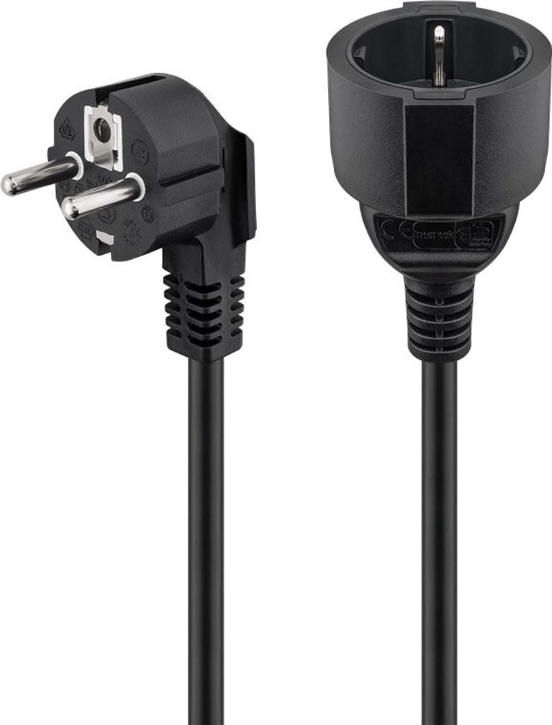 A black power cord with a European plug and socket is shown against a white background.