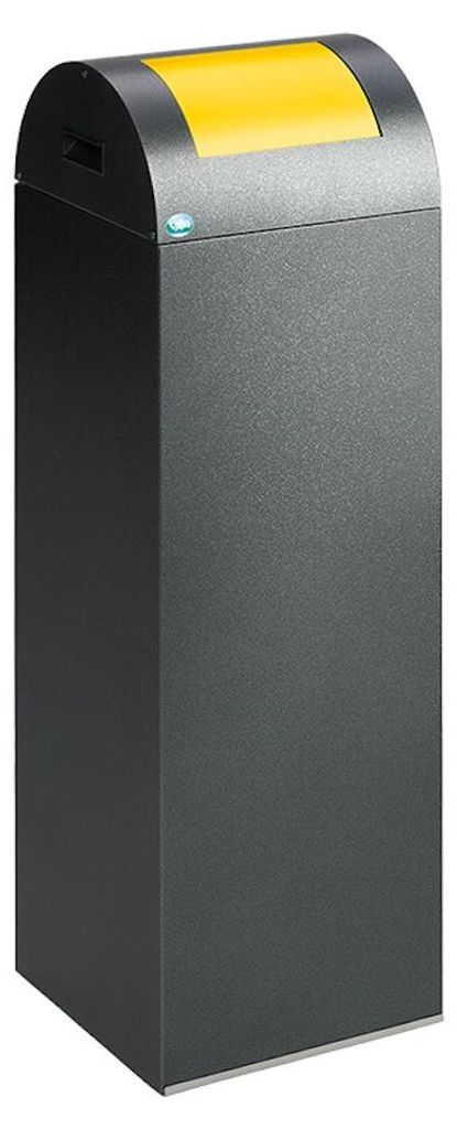 Selbstlöschender Wertstoffsammler rund mit Einwurfklappe | 89 Liter, HxBxT 104,5x32x32cm | Verzinkter Stahl | Grau-Gelb