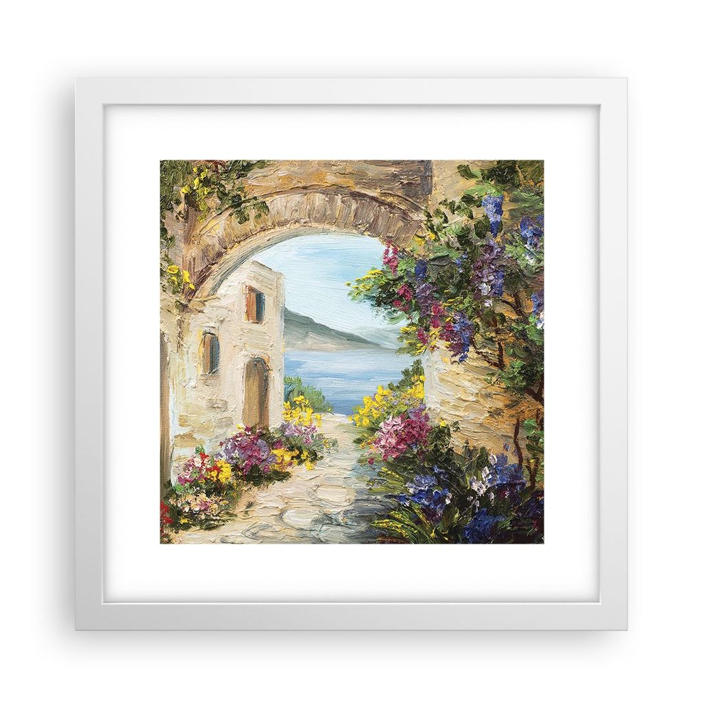 Gerahmtes Poster - Weißer Rahmen - Haus Santorini Blumen - 30x30 cm - Wand Bild - Wanddeko - Wandbilder - Kunstposter - Wandposter - Bilderrahmen ...
