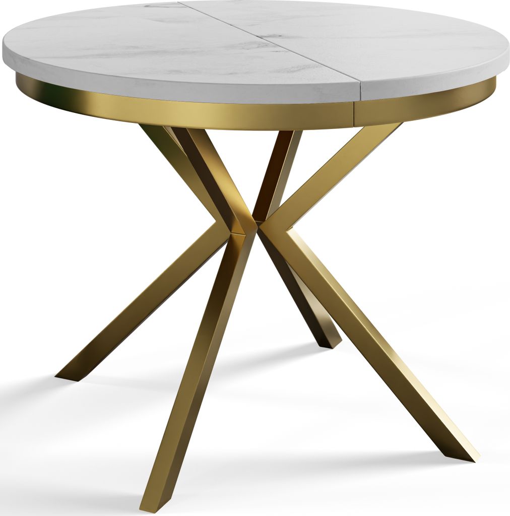 Runder Esszimmertisch BERG, ausziehbarer Tisch Durchmesser: 100 cm/180 cm, Wohnzimmertisch Farbe: Marmur, mit Metallbeinen in Farbe Gold