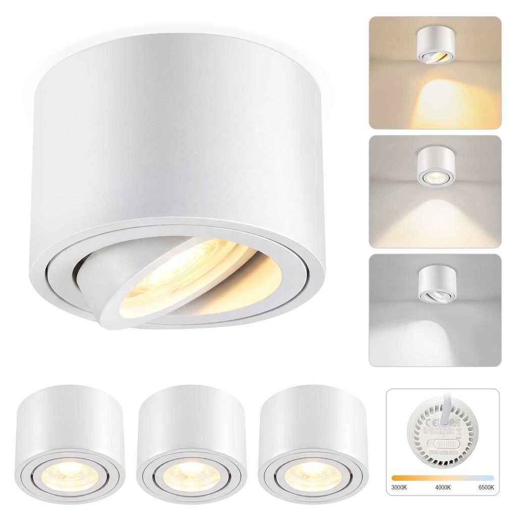 ZMH LED Aufbauspot 4 Stück Dimmbar 4W Ø80x50mm Extra Flach 30° Schwenkbar 3CCT Aufbauleuchte 3000K/4000K/6500K Aufputz Deckenleuchte Rund Weiß