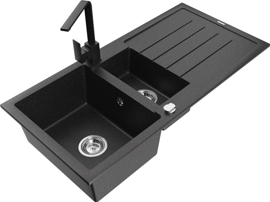 Mexen Andres 1,5-Becken-Granitspüle mit Abtropffläche und Mischbatterie Rita, Schwarz/Silbermetallic - 6515-73-670300-70