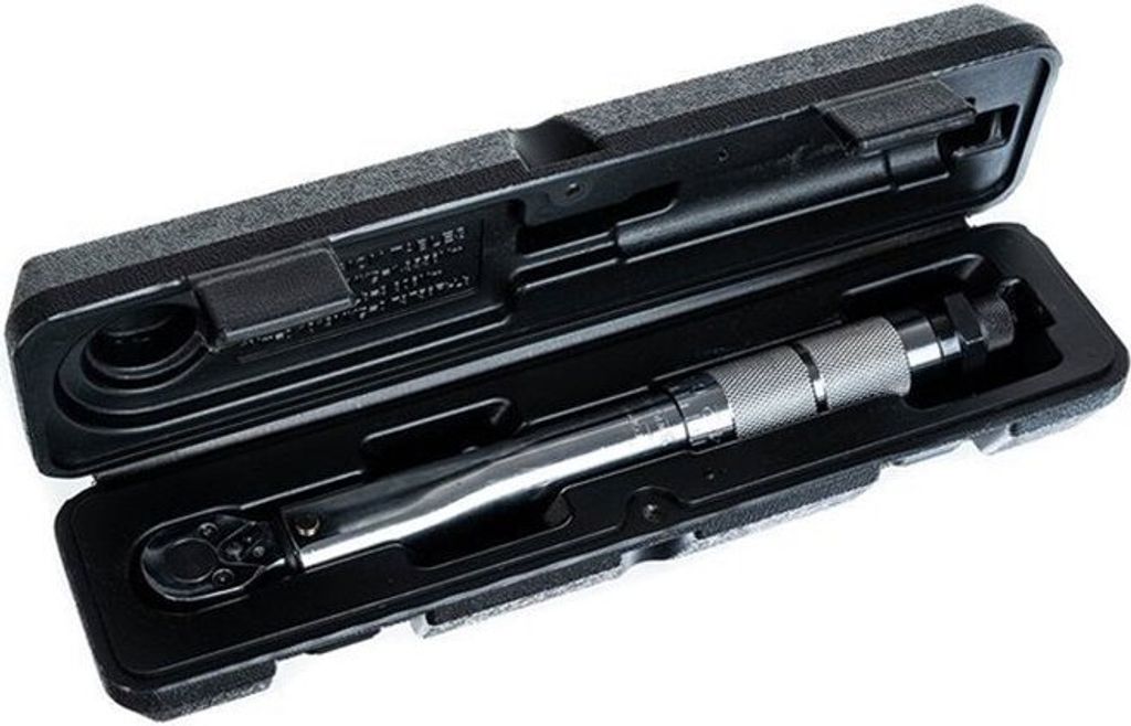 A torque wrench in its black storage case, against a white background.