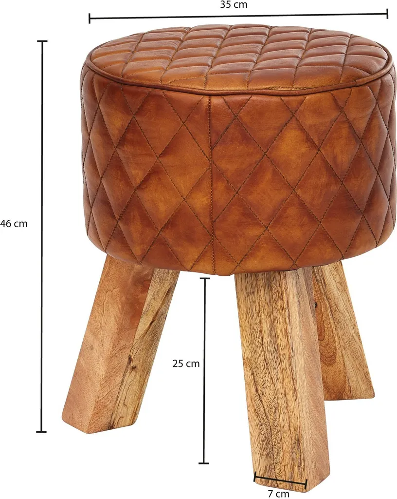 Petit tabouret rembourré rond en cuir et bois - Repose-pieds de salon