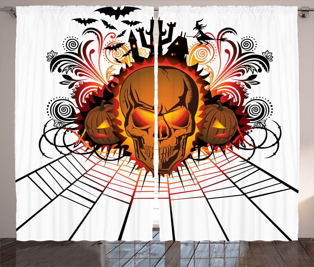ABAKUHAUS Halloween Rustikaler Gardine, Schädel-Hexe, Schlafzimmer Kräuselband Vorhang mit Schlaufen und Haken, 280 x 245 cm, Mehrfarbig