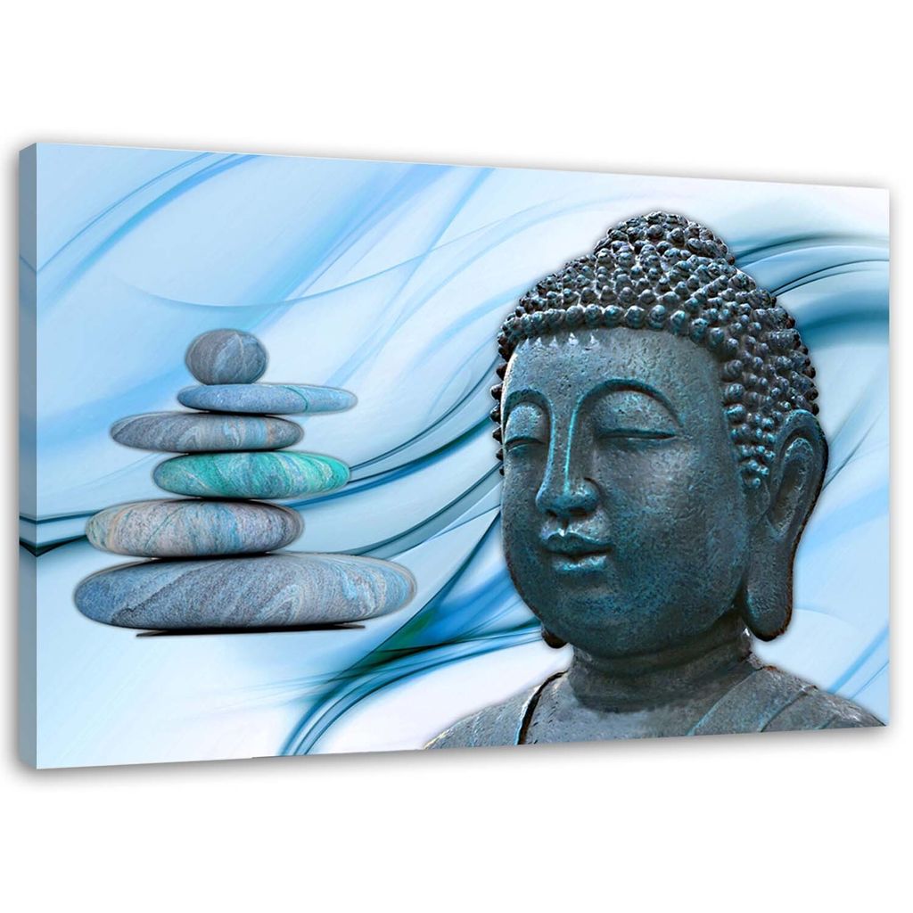 Leinwandbild buddha-kopf und steine - blau 90x60 cm Feeby blau wandbild bereit zum aufhängen