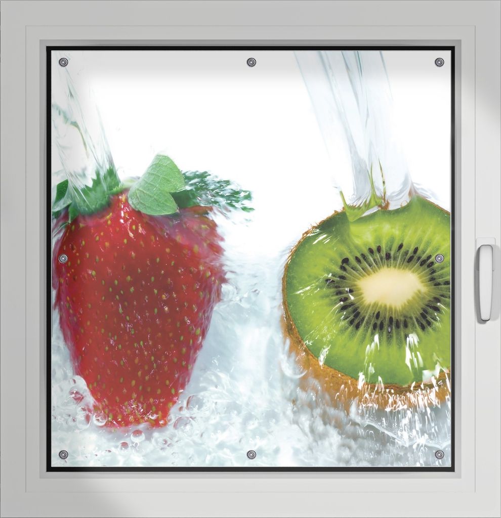 Wallario Lichtschutzbild, Dekorativer Sichtschutz Sonnenschutz 96 x 93 cm mit Motiv: Frische Früchte übergossen mit Wasser II - Verdunklung ohne ...
