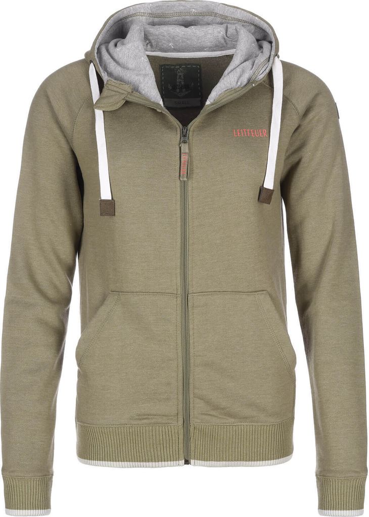 Leitfeuer Damen Sweatjacke mit Kapuze und Kängurutaschen - Kapuzenjacke innen angeraut in Khaki Größe S