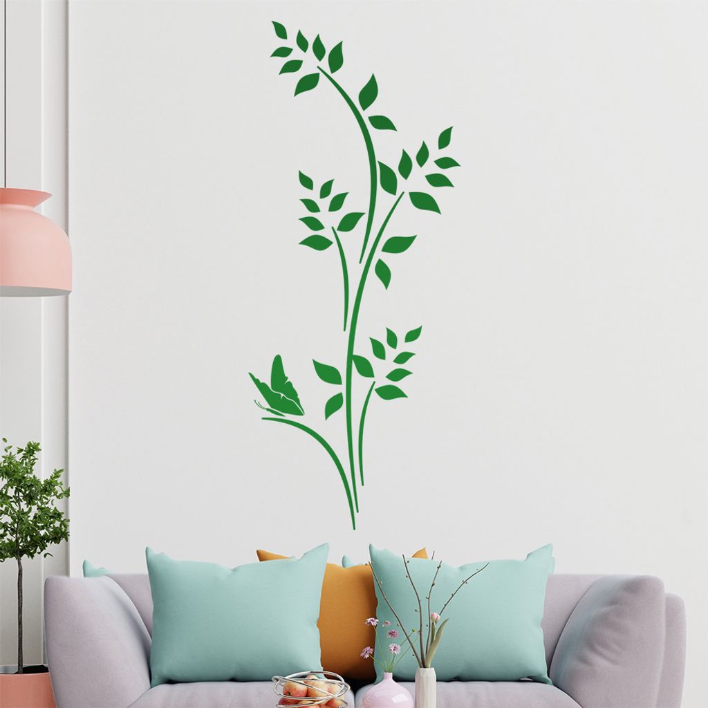 Schmetterling - Pflanze - Blätter Wandtattoo in 6 Größen - Wandaufkleber Wall Sticker - Dekoration, Küche, Wohnzimmer, Schlafzimmer, Badezimmer
