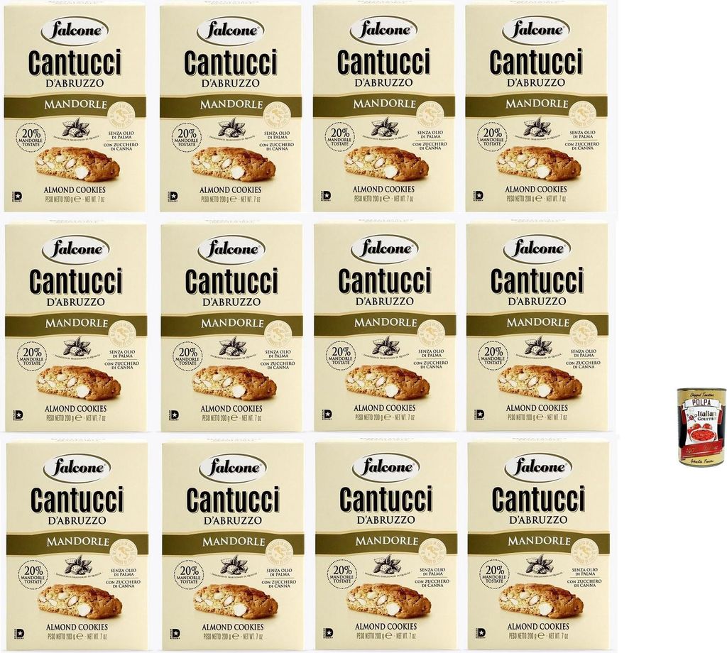 Falcone Cantucci alla Mandorla, Mandelgebäck aus Italien, Keks mit Mandeln, insgesamt Gebäckstücke, 12x 200g + Italian Gourmet polpa 400g