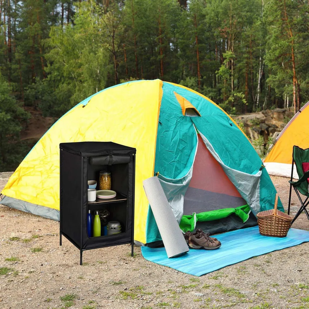 Armoire de camping robuste en polyester avec 2 rayons de rangement gris