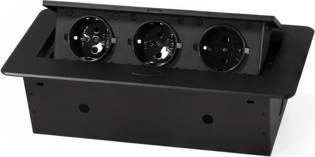 A black, three-socket pop-up power outlet is shown on a white background.