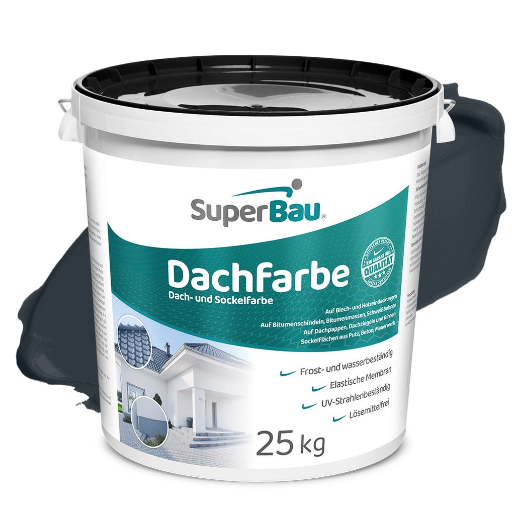 Superbau Dachfarbe Anthrazit 25kg, Sockelfarbe WASSERDICHT, Fassadenfarbe für Außen, Dachbeschichtung für Blechdach, Bitumen Dachpappe, Schindel...