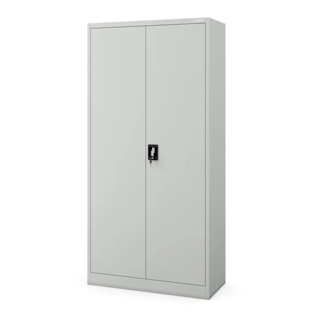 A tall, gray metal cabinet with two doors and a lock is shown against a white background.