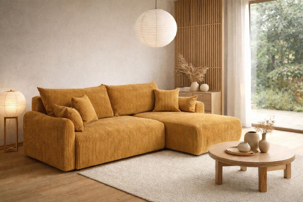 Kaiser Möbel Ecksofa mit Schlaffunktion, Cordstoff Poso, Senffarbe, Rechts, JAPANDI