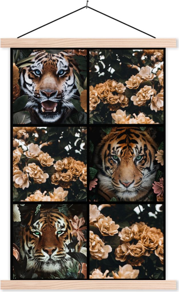 MuchoWow Textilposter Collage - Tiger - Blumen 120x180 cm mit holzfarbenen Rahmen - Textil-Plakat