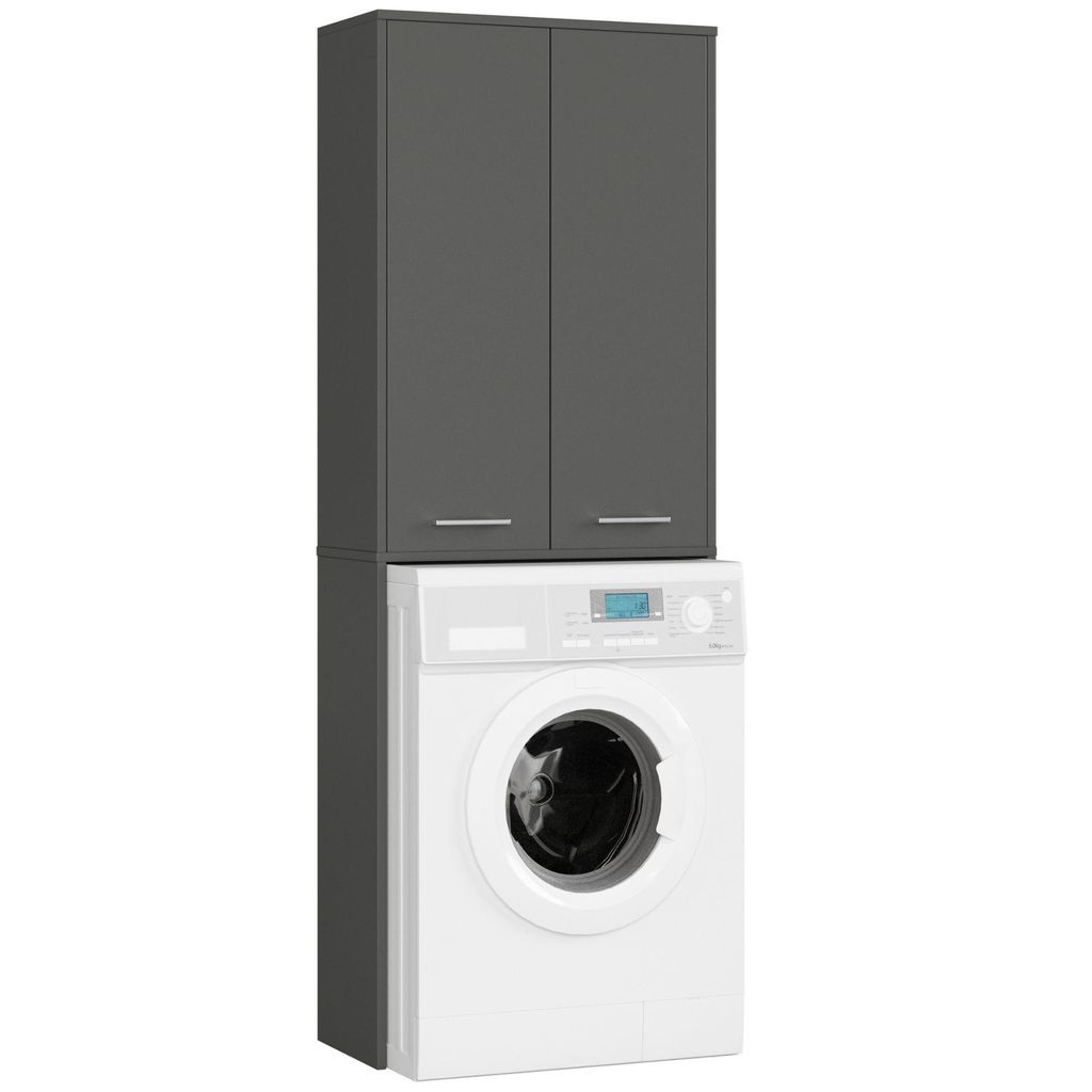 A washing machine with a gray cabinet on top, isolated on a white background.