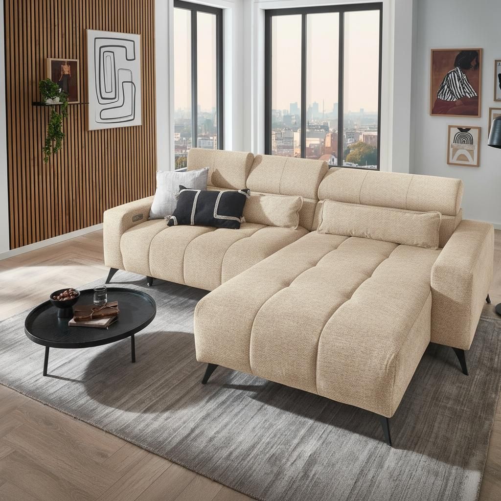 Polstergarnitur >Bali< elektr. Sitztiefenverstellung, Bezug beige - 267x95x185cm (BxHxT)