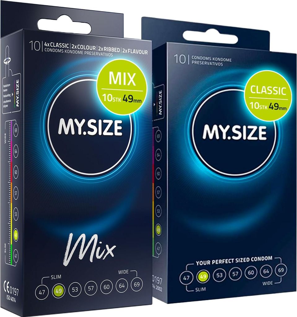 MY.SIZE Mix SET Größe 2, 49 mm: 10 Classic Kondome + 10 Kondome in 4 aufregenDen Sorten, mit Aroma, Farbe, Genoppt & Classic