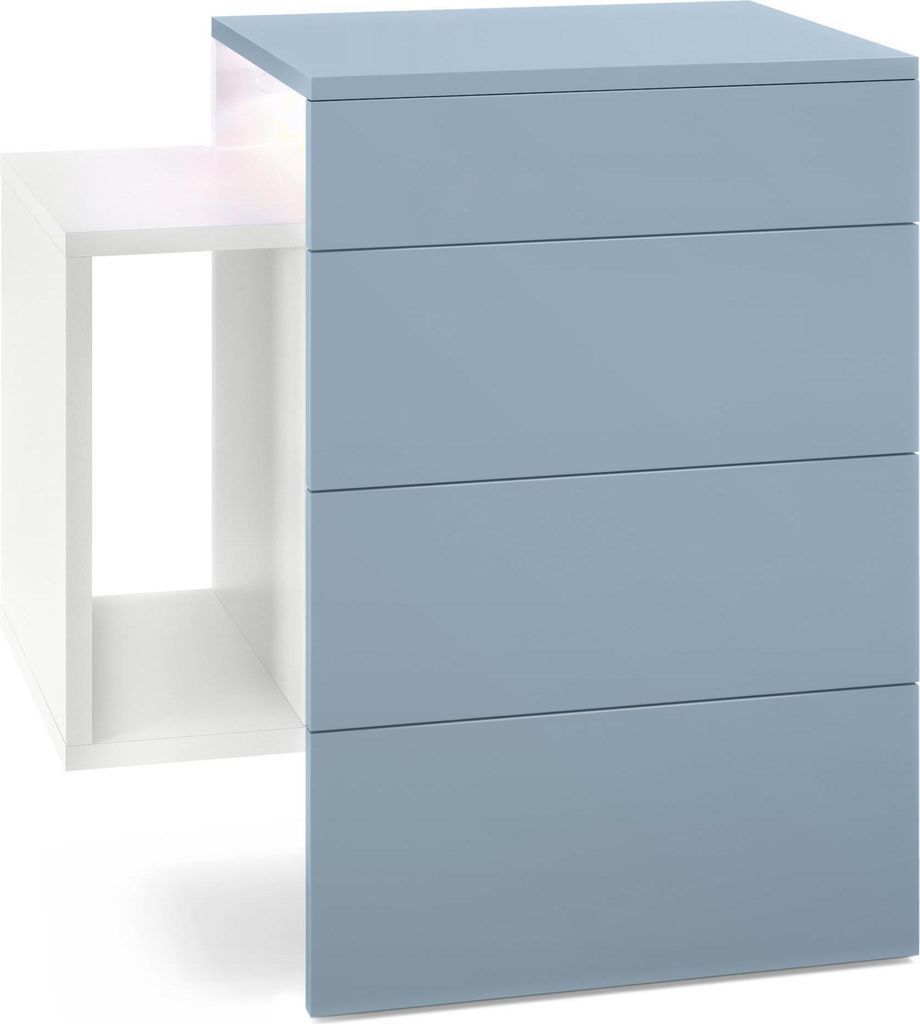 Vladon Nachttisch Queens, Germany, Nachttischschrank mit 2 Schubladen und 1 seitlichem Fach zur Wandmontage, Weiß matt/Denim matt, inkl. LED Unte...