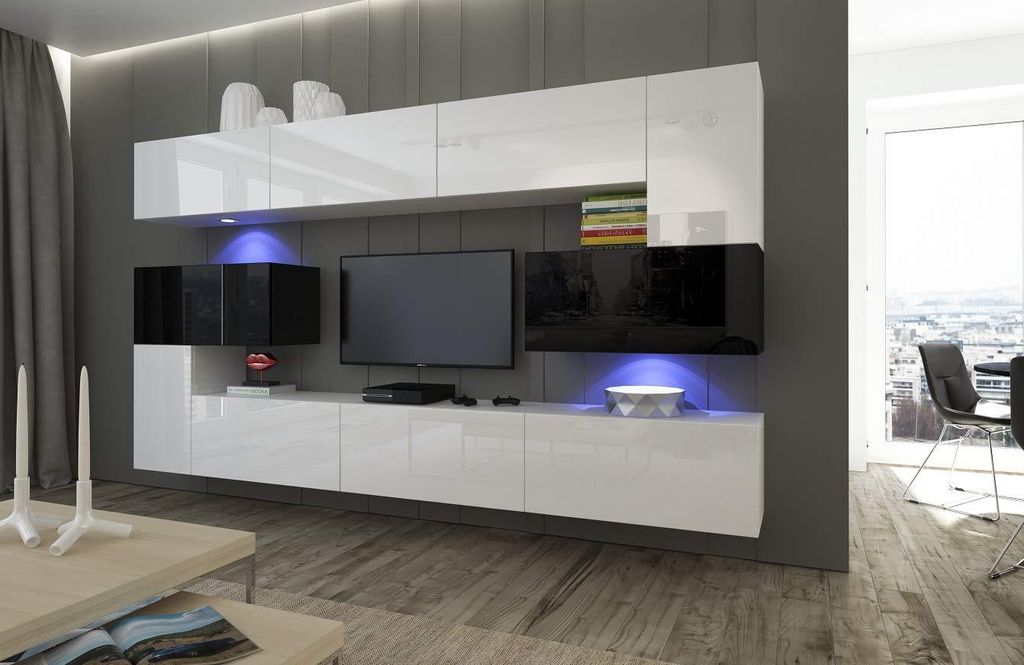 Furnitech Wohnwand Wohnzimmer - Wohnzimmer Möbel mit LED RGB - 16 Farben - Hängend Wohnwand Modern - Regale und TV Schrank (Albania AN3-17BW-HG25...