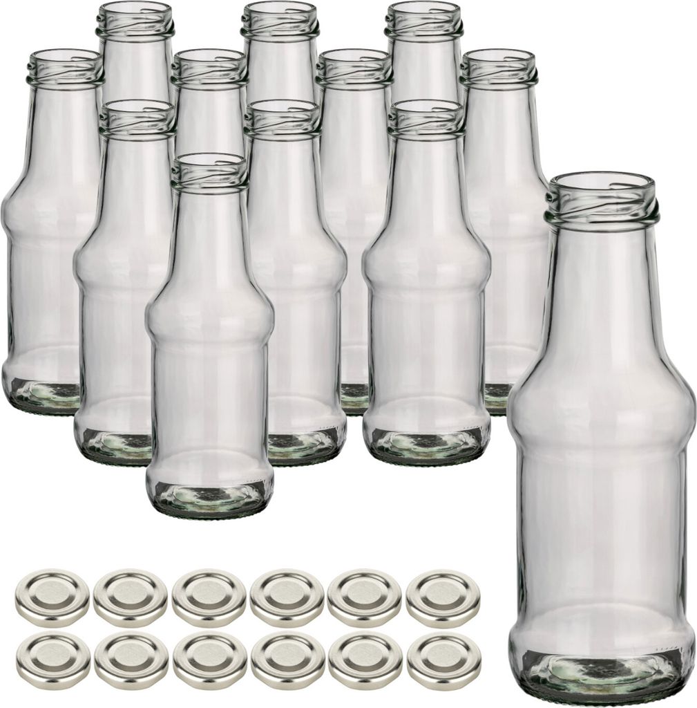 gouveo 12er Set Glasflasche 250 ml Barbecue mit Schraubdeckel TO38 silberfarben - Kleine Glasflasche 0,25 l mit Schraubverschluss - Saftflasche