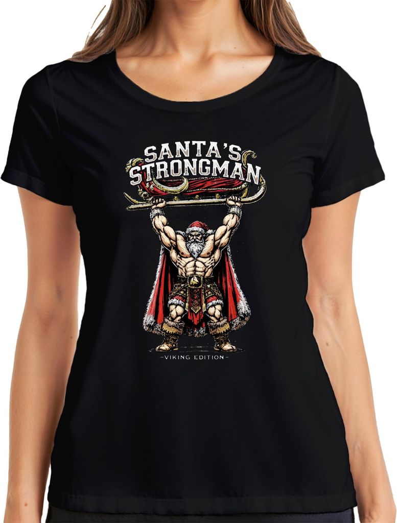 Santa's Strongman Weihnachtsmann Wikinger Geschenk Fitness Retro Damen T-Shirt, Schwarz, XL