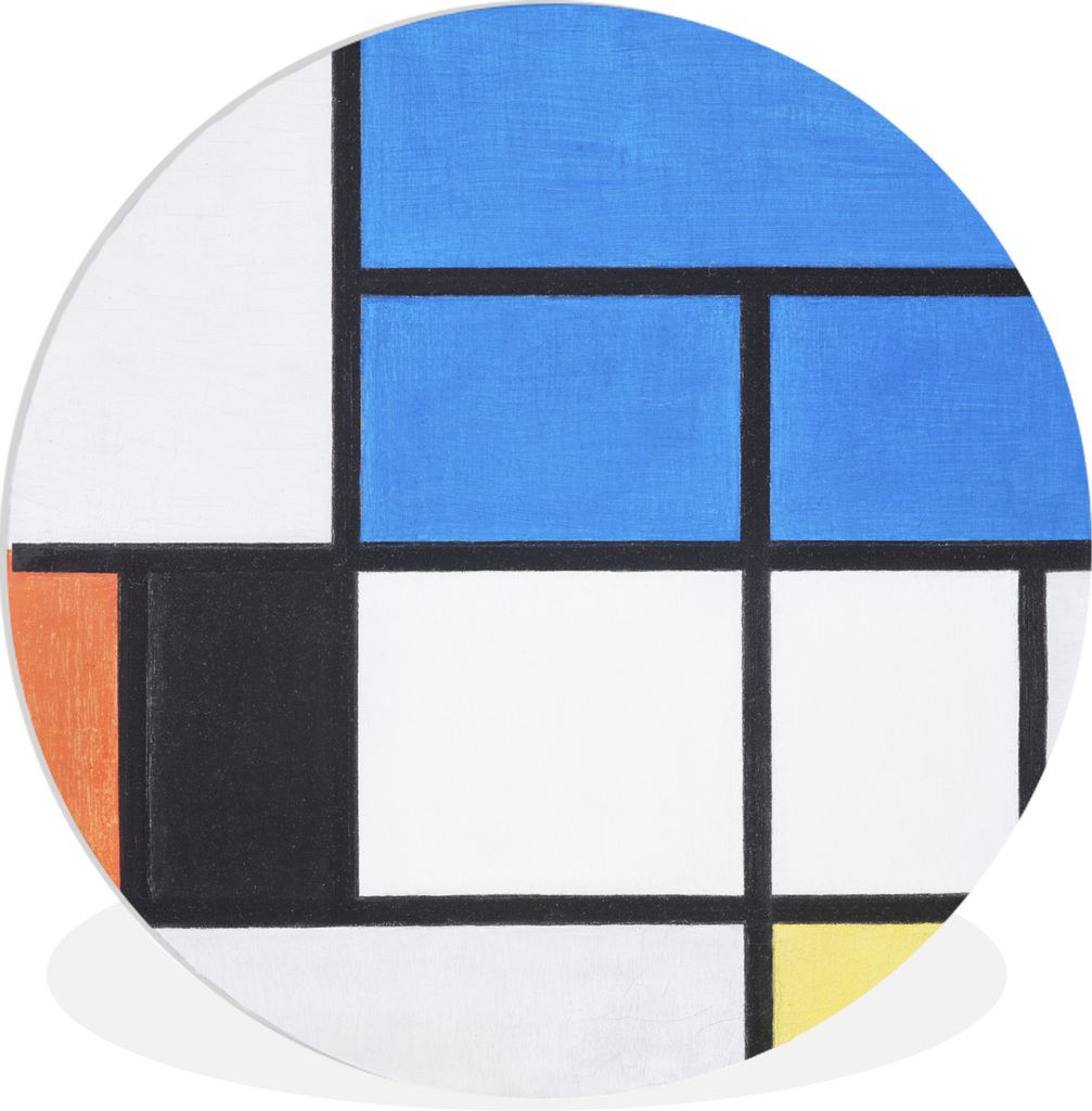MuchoWow Rundes Wandbild - Runde Bilder Komposition mit Blau, Rot, Schwarz, Gelb und Grau - Piet Mondrian Ø 30 cm Kreis Wanddekoration Kunststof...