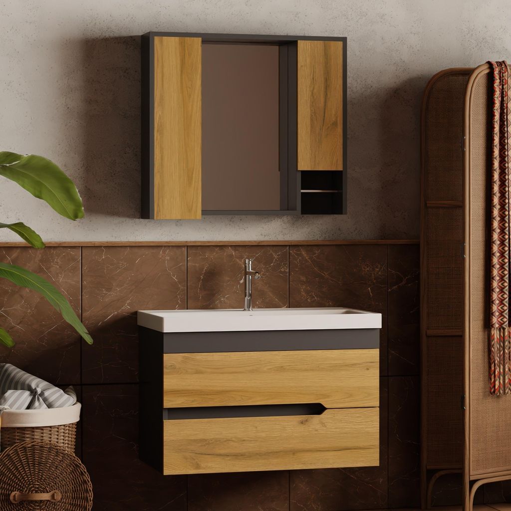 Badmöbel Set mit Waschbecken 80 cm Breit | Badezimmerunterschrank Spiegelschrank