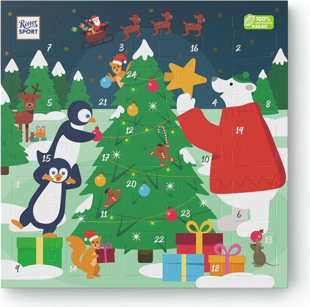 An advent calendar with a Christmas theme, featuring animals decorating a Christmas tree.
